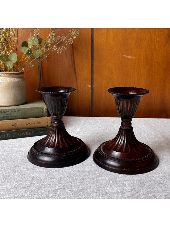 Other - Vintage Hosley Solid Brass Candlestick Holders Pair Fluted Dark Patina India